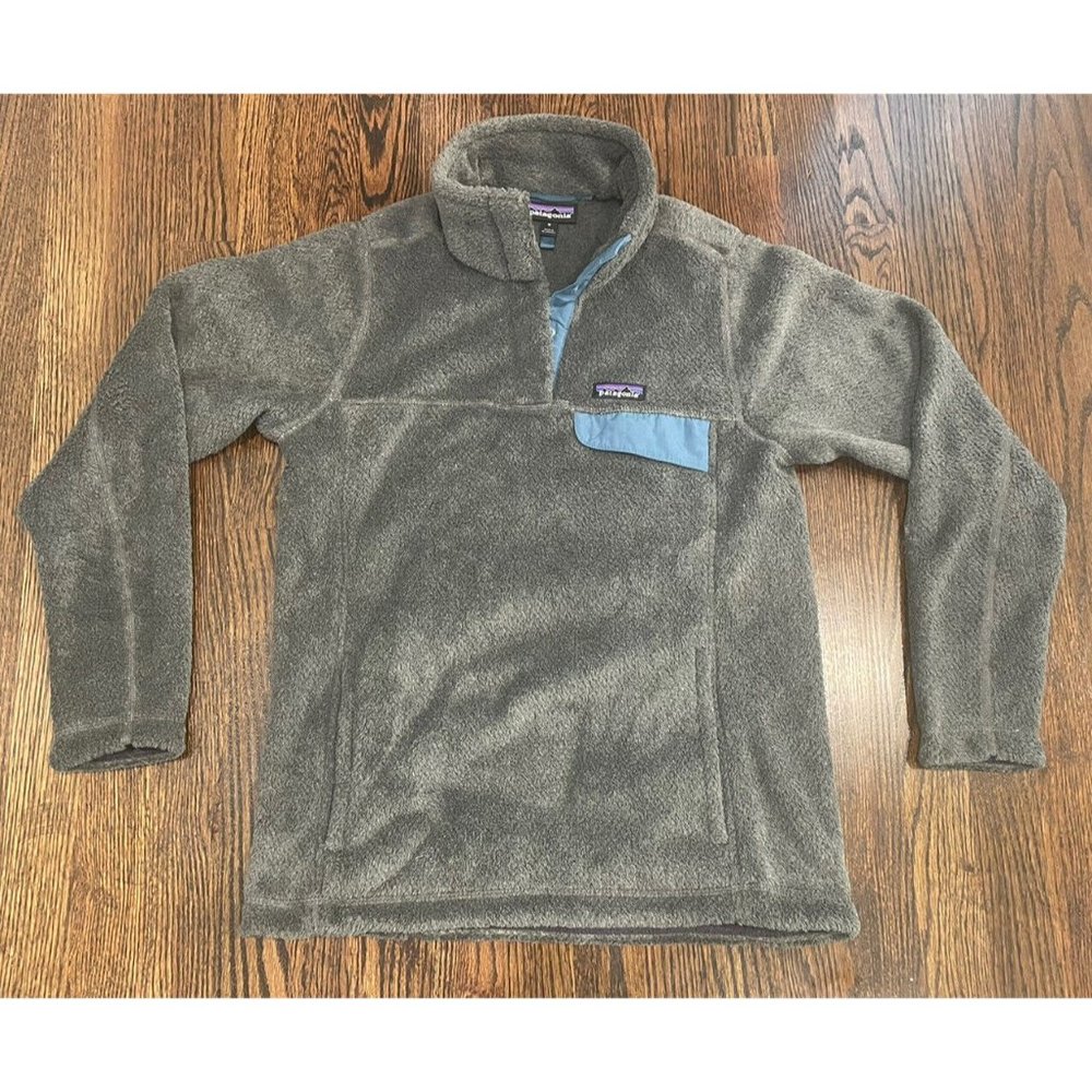 Patagonia Pullover Synchilla Snap T Fleece Gray Teal Trim Womens Size M Medium